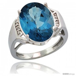 14k White Gold Diamond London Blue Topaz Ring 9.7 ct Large Oval Stone 16x12 mm, 5/8 in wide