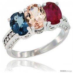 14K White Gold Natural London Blue Topaz, Morganite & Ruby Ring 3-Stone 7x5 mm Oval Diamond Accent