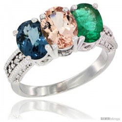 14K White Gold Natural London Blue Topaz, Morganite & Emerald Ring 3-Stone 7x5 mm Oval Diamond Accent