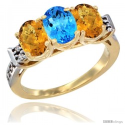 10K Yellow Gold Natural Swiss Blue Topaz & Whisky Quartz Sides Ring 3-Stone Oval 7x5 mm Diamond Accent