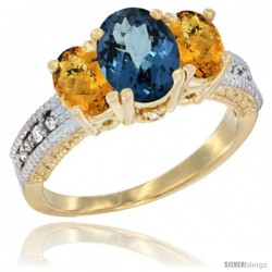 10K Yellow Gold Ladies Oval Natural London Blue Topaz 3-Stone Ring with Whisky Quartz Sides Diamond Accent