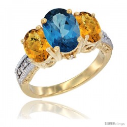 10K Yellow Gold Ladies 3-Stone Oval Natural London Blue Topaz Ring with Whisky Quartz Sides Diamond Accent