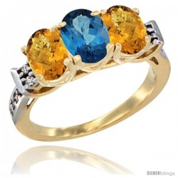 10K Yellow Gold Natural London Blue Topaz & Whisky Quartz Sides Ring 3-Stone Oval 7x5 mm Diamond Accent
