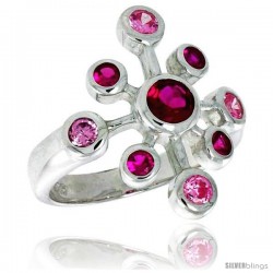 Sterling Silver Snowflake Right-hand Ring Ruby & Pink Tourmaline-colored CZ Stones7/8 in wide