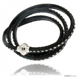 Surgical Steel Italian Leather Wrap Massai Bracelet Swarovski Crystal inlay w/ Super Magnet Clasp, Color Black