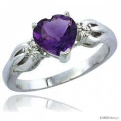 10K White Gold Natural Amethyst Ring Heart-shape 7x7 Stone Diamond Accent