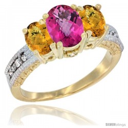 10K Yellow Gold Ladies Oval Natural Pink Topaz 3-Stone Ring with Whisky Quartz Sides Diamond Accent