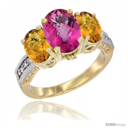 10K Yellow Gold Ladies 3-Stone Oval Natural Pink Topaz Ring with Whisky Quartz Sides Diamond Accent