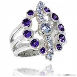 Highest Quality Sterling Silver 7/8 in (22 mm) wide Oval-shaped Right Hand Ring, Bezel Set Brilliant Cut Amethyst