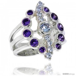 Highest Quality Sterling Silver 7/8 in (22 mm) wide Oval-shaped Right Hand Ring, Bezel Set Brilliant Cut Amethyst