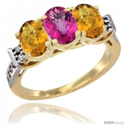 10K Yellow Gold Natural Pink Topaz & Whisky Quartz Sides Ring 3-Stone Oval 7x5 mm Diamond Accent