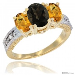 10K Yellow Gold Ladies Oval Natural Smoky Topaz 3-Stone Ring with Whisky Quartz Sides Diamond Accent