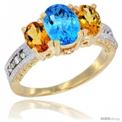 14k Yellow Gold Ladies Oval Natural Swiss Blue Topaz 3-Stone Ring with Citrine Sides Diamond Accent