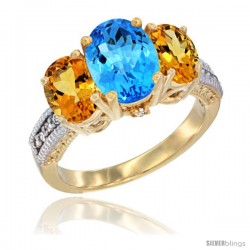 14K Yellow Gold Ladies 3-Stone Oval Natural Swiss Blue Topaz Ring with Citrine Sides Diamond Accent