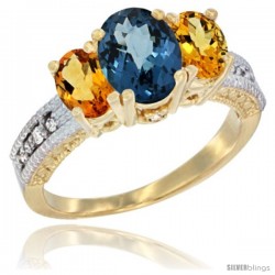 14k Yellow Gold Ladies Oval Natural London Blue Topaz 3-Stone Ring with Citrine Sides Diamond Accent