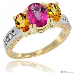 14k Yellow Gold Ladies Oval Natural Pink Topaz 3-Stone Ring with Citrine Sides Diamond Accent