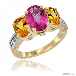 14K Yellow Gold Ladies 3-Stone Oval Natural Pink Topaz Ring with Citrine Sides Diamond Accent