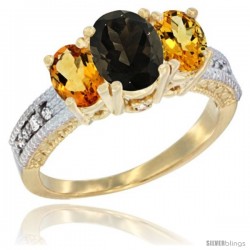 14k Yellow Gold Ladies Oval Natural Smoky Topaz 3-Stone Ring with Citrine Sides Diamond Accent