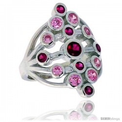 Highest Quality Sterling Silver 1 in (25 mm) wide Diamond-shaped Right Hand Ring, Bezel Set Brilliant Cut Ruby & Pink