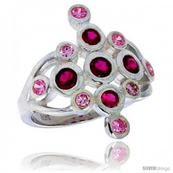 Highest Quality Sterling Silver 7/8 in (23 mm) wide Diamond-shaped Right Hand Ring, Bezel Set Brilliant Cut Ruby & Pink