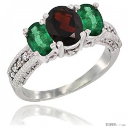 14k White Gold Ladies Oval Natural Garnet 3-Stone Ring with Emerald Sides Diamond Accent