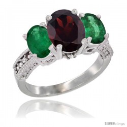 14K White Gold Ladies 3-Stone Oval Natural Garnet Ring with Emerald Sides Diamond Accent