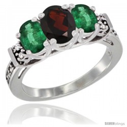 14K White Gold Natural Garnet & Emerald Ring 3-Stone Oval with Diamond Accent