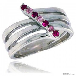 Highest Quality Sterling Silver 1/2 in (13 mm) wide Right Hand Ring, Brilliant Cut Ruby & Pink Tourmaline-colored CZ Stones