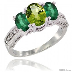 14k White Gold Ladies Oval Natural Peridot 3-Stone Ring with Emerald Sides Diamond Accent