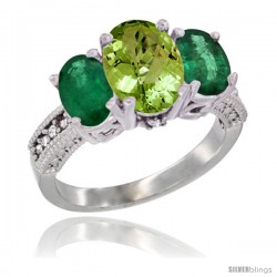 14K White Gold Ladies 3-Stone Oval Natural Peridot Ring with Emerald Sides Diamond Accent