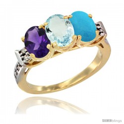 10K Yellow Gold Natural Amethyst, Aquamarine & Turquoise Ring 3-Stone Oval 7x5 mm Diamond Accent