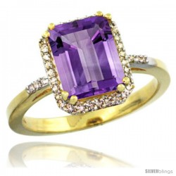 10k Yellow Gold Diamond Amethyst Ring 2.53 ct Emerald Shape 9x7 mm, 1/2 in wide