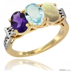 10K Yellow Gold Natural Amethyst, Aquamarine & Opal Ring 3-Stone Oval 7x5 mm Diamond Accent