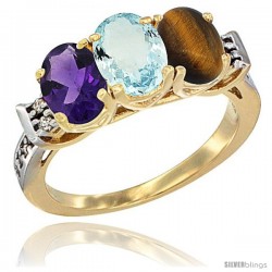 10K Yellow Gold Natural Amethyst, Aquamarine & Tiger Eye Ring 3-Stone Oval 7x5 mm Diamond Accent