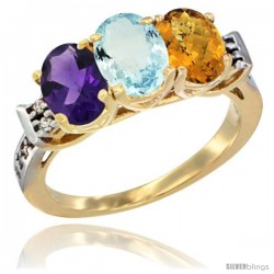 10K Yellow Gold Natural Amethyst, Aquamarine & Whisky Quartz Ring 3-Stone Oval 7x5 mm Diamond Accent