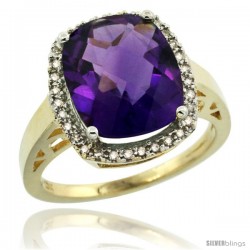 10k Yellow Gold Diamond Amethyst Ring 5.17 ct Checkerboard Cut Cushion 12x10 mm, 1/2 in wide