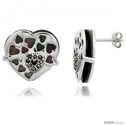 Marcasite Heart Earrings in Sterling Silver, w/ Mother of Pearl, 11/16" (18 mm) tall