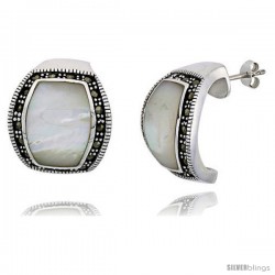 Marcasite Earrings in Sterling Silver, w/ Mother of Pearl, 7/8" (22 mm) tall