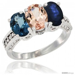 14K White Gold Natural London Blue Topaz, Morganite & Blue Sapphire Ring 3-Stone 7x5 mm Oval Diamond Accent