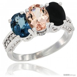 14K White Gold Natural London Blue Topaz, Morganite & Black Onyx Ring 3-Stone 7x5 mm Oval Diamond Accent