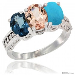 14K White Gold Natural London Blue Topaz, Morganite & Turquoise Ring 3-Stone 7x5 mm Oval Diamond Accent