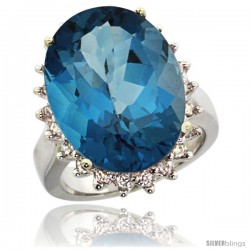 14k White Gold Diamond Halo London Blue Topaz Ring 10 ct Large Oval Stone 18x13 mm, 7/8 in wide