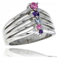 Highest Quality Sterling Silver 1/2 in (13 mm) wide Right Hand Journey Ring, Brilliant Cut Amethyst & Pink Tourmaline-colored