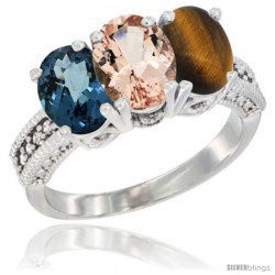 14K White Gold Natural London Blue Topaz, Morganite & Tiger Eye Ring 3-Stone 7x5 mm Oval Diamond Accent