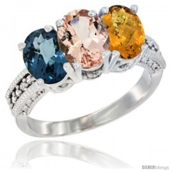 14K White Gold Natural London Blue Topaz, Morganite & Whisky Quartz Ring 3-Stone 7x5 mm Oval Diamond Accent