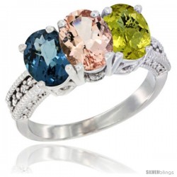 14K White Gold Natural London Blue Topaz, Morganite & Lemon Quartz Ring 3-Stone 7x5 mm Oval Diamond Accent