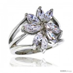 Highest Quality Sterling Silver 3/4 in (18 mm) wide Right Hand Flower Ring, Marquise Cut CZ Stones