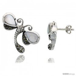 Marcasite Dragonfly Earrings in Sterling Silver, w/ Pear-shaped Mother of Pearl, 1 1/16" (27 mm) wide