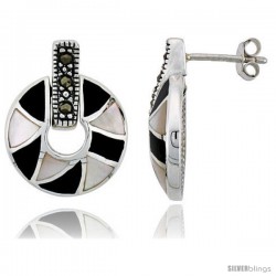 Marcasite Doughnut Earrings in Sterling Silver, w/ Mother of Pearl & Black Onyx, 13/16" (21 mm) tall