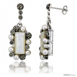 Marcasite Rectangular Earrings in Sterling Silver, w/ Mother of Pearl, 1 3/8" (35 mm) tall